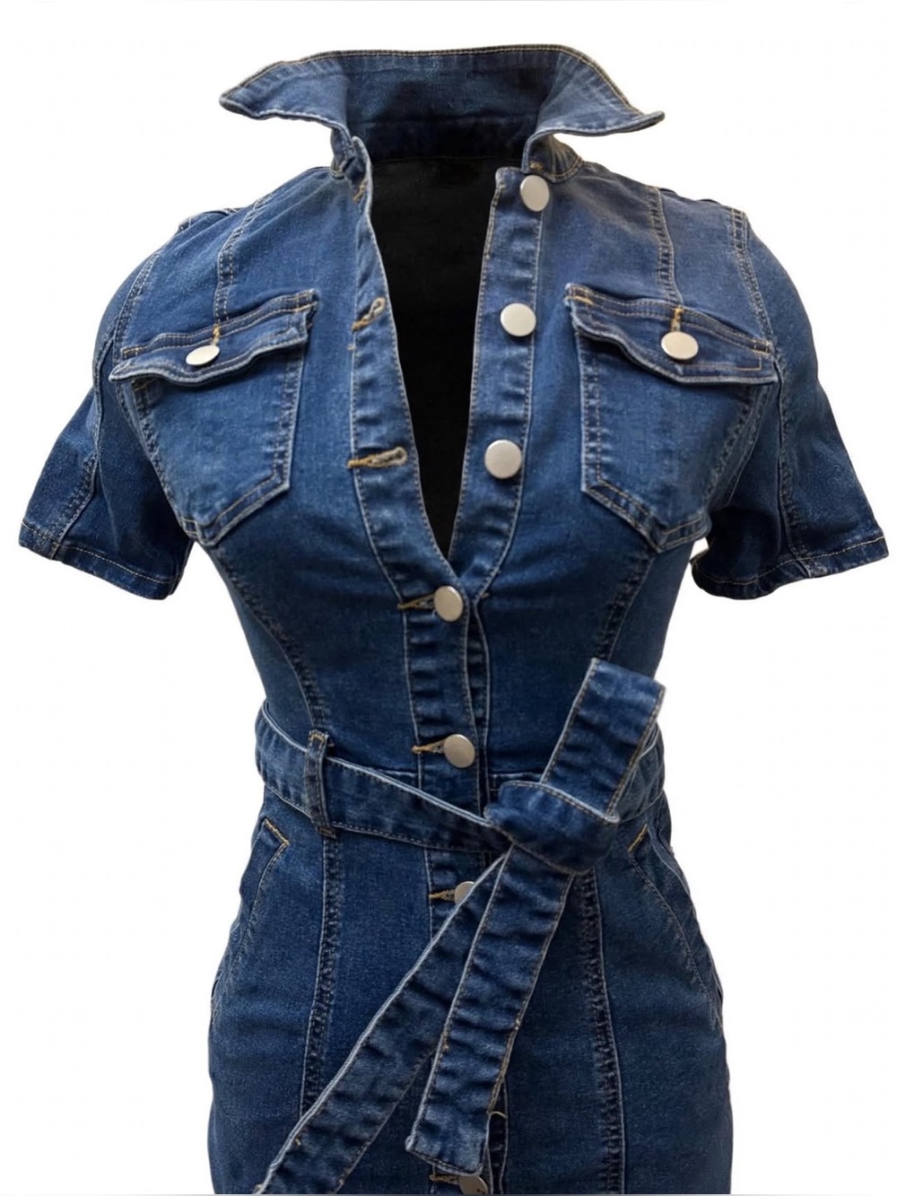 SHEIN Blue Short-Sleeve Denim Jumpsuit Dress with Tie Waist